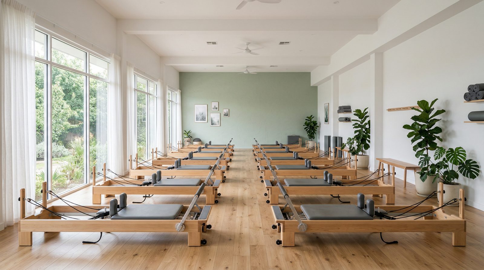 סטודיו פילאטיס מואר עם מכשירי רפורמר